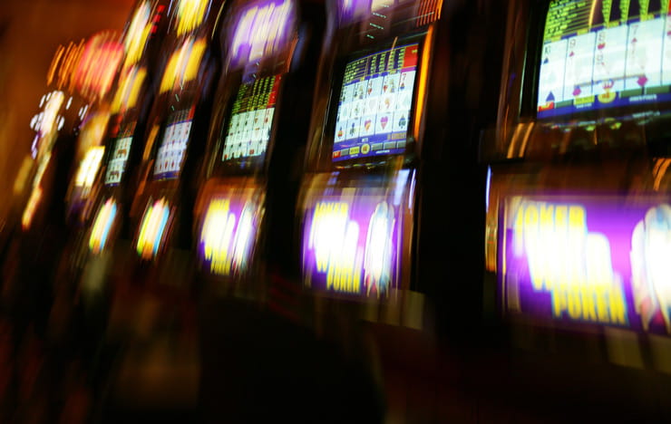 A row of slot machines.