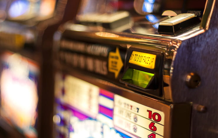 A row of slot machines.